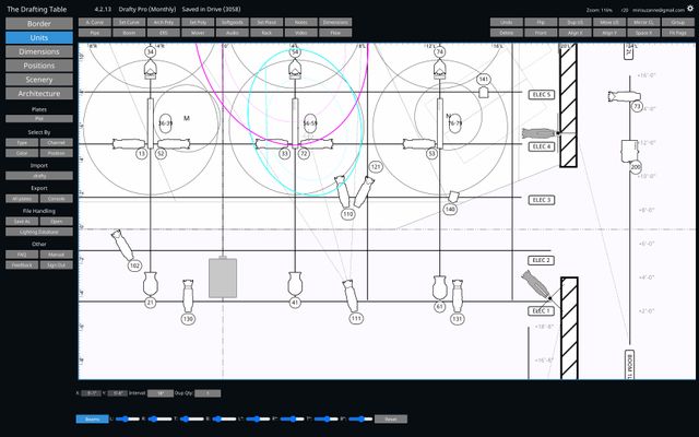 Part of a theatrical lighting plot drawn in Drafty Pro