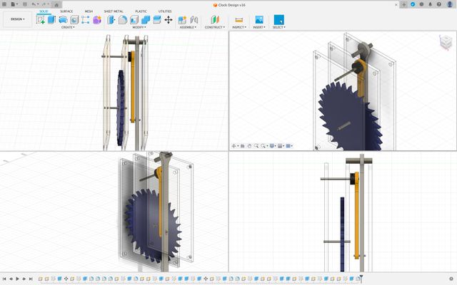 Four angles of a Fusion 360 CAD design for the pendulum and escapement of a mechanical clock