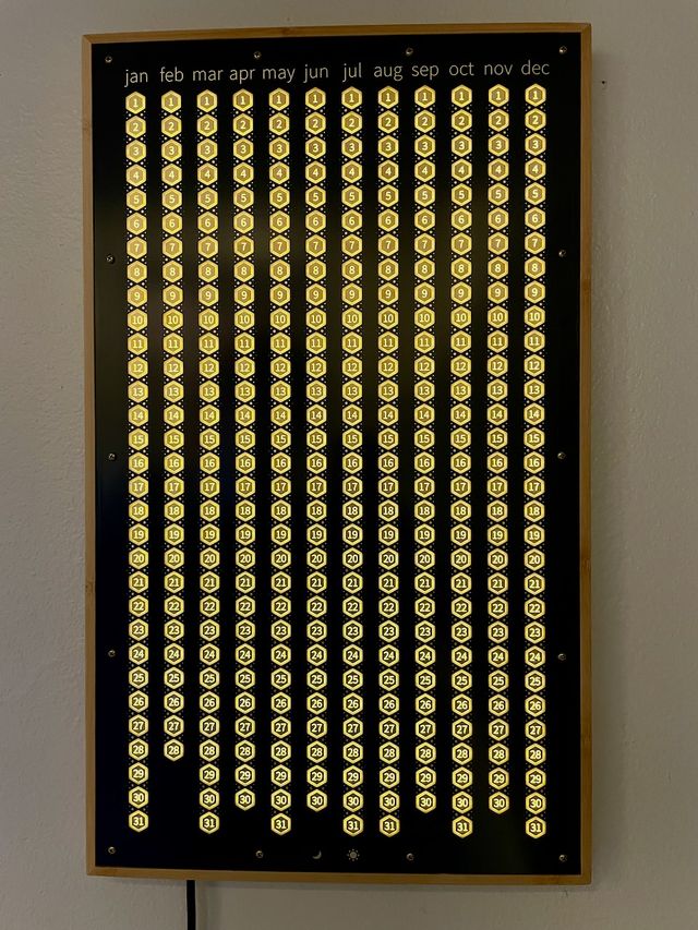 Habit-tracking wall calendar with month columns and light-up numbered hexagon days - all lit up!